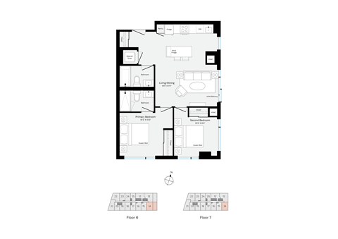 Floor plan for 2 beds, 2 baths, 757 sqft